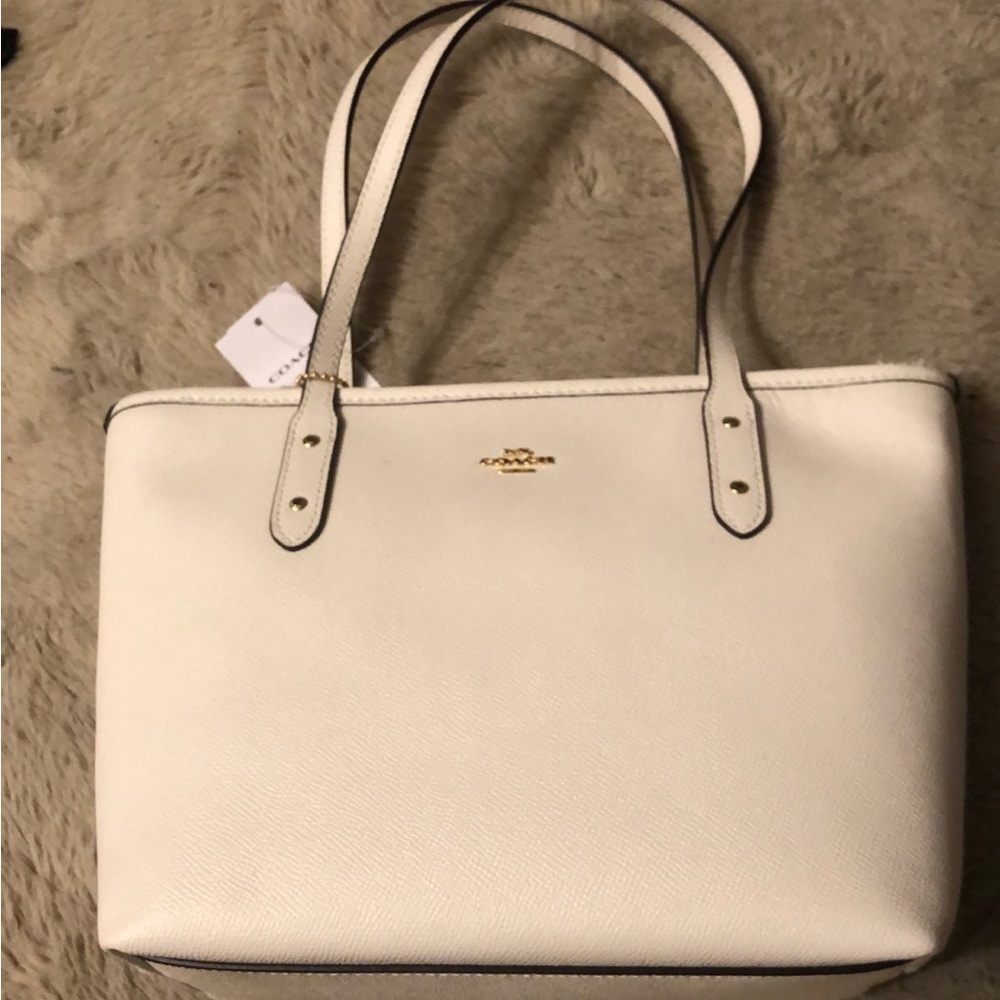 Coach White Leather Tote with Gold Accents